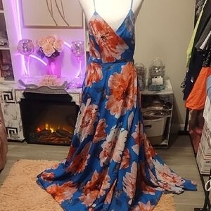 Lulu's Vibrant Blue and Pink Floral Maxi Dress